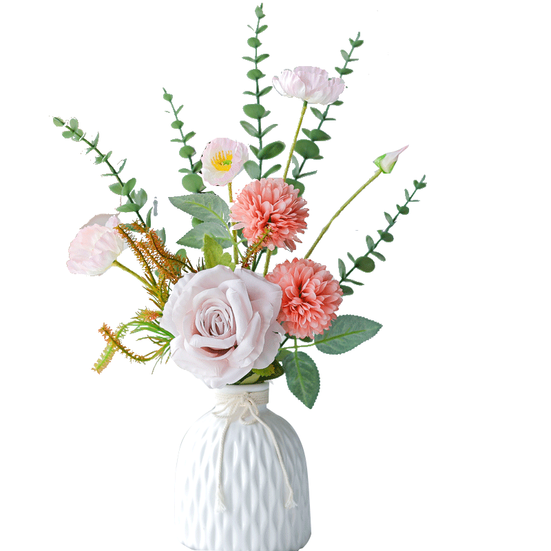SUGER LOVE Nordic Style Artificial Flowers Ceramic Vase Living Room Decor TV Cabinet Ornament Plastic Flowers Pink and White Set