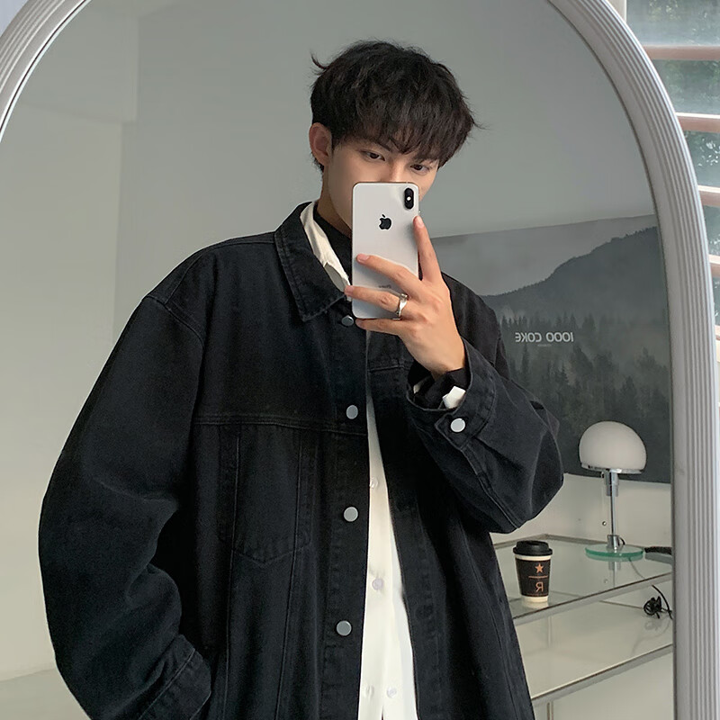 Foss Phil Men's Denim Jacket, Loose Casual Spring And Autumn Outerwear, Retro Trendy Brand Menswear HQ1204 Black M