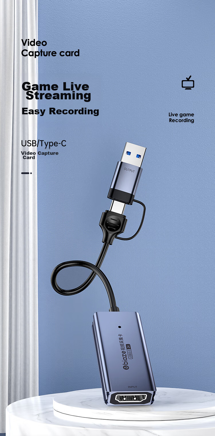 BIAZE HDMI Video Capture Card, 4K Input, Compatible with Switch/PS5, Laptops, Smartphones, Cameras, Douyin Live Streaming, USB3.0/Type-C Recording Box, 2K 3