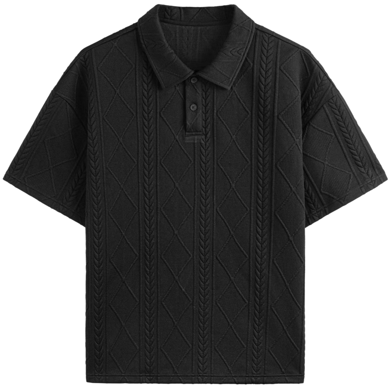 GXG Men's Clothing, Textured Jacquard Polo Shirt for Men with Collar, Short Sleeves, Summer 2024, Black, 185/XXL