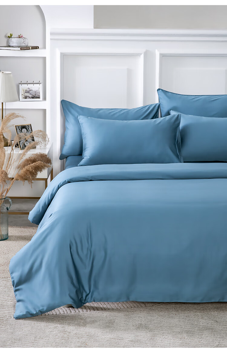 One's Member 50-Count A-Class Pure Cotton Xinjiang Long-Staple Cotton Bedding Set: Duvet Cover, Bed Sheet, Pillowcases, And Bed Skirt - Bed Sheet Style - 1.8m - Prussian Blue 4
