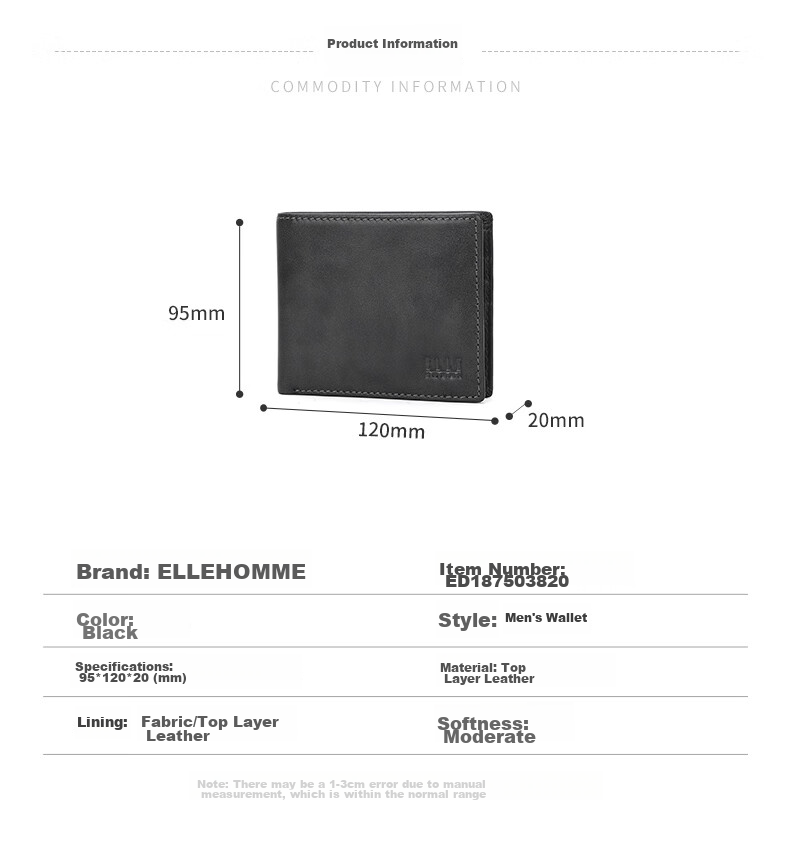 ELLE HOMME Men's Short Wallet, Top-Grain Leather Multifunctional Billfold, Horizontal Style Wallet 3820, Birthday Gift for Me 3
