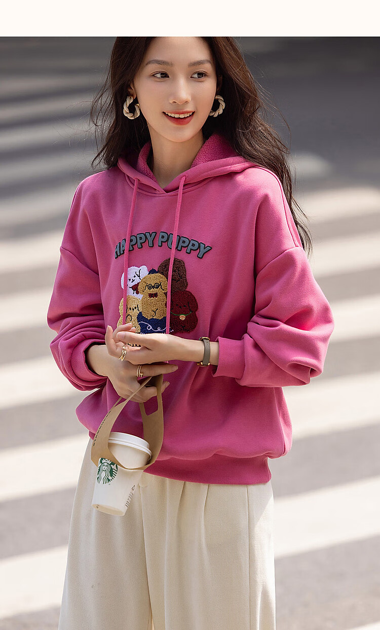 Dme Winter Casual Hooded Letter Animal Towel Embroidery Fleece-Lined Warm Sweatshirt Women's Top, Light Water Green, XL 16