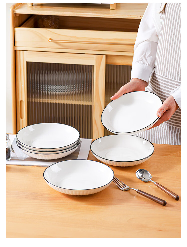 Hechuanwu Ceramic Plates, 8-Inch Pure White Simple Dishes for Home Use, Serving And Soup Plates, Set of 4, Vertical Black Lines 5