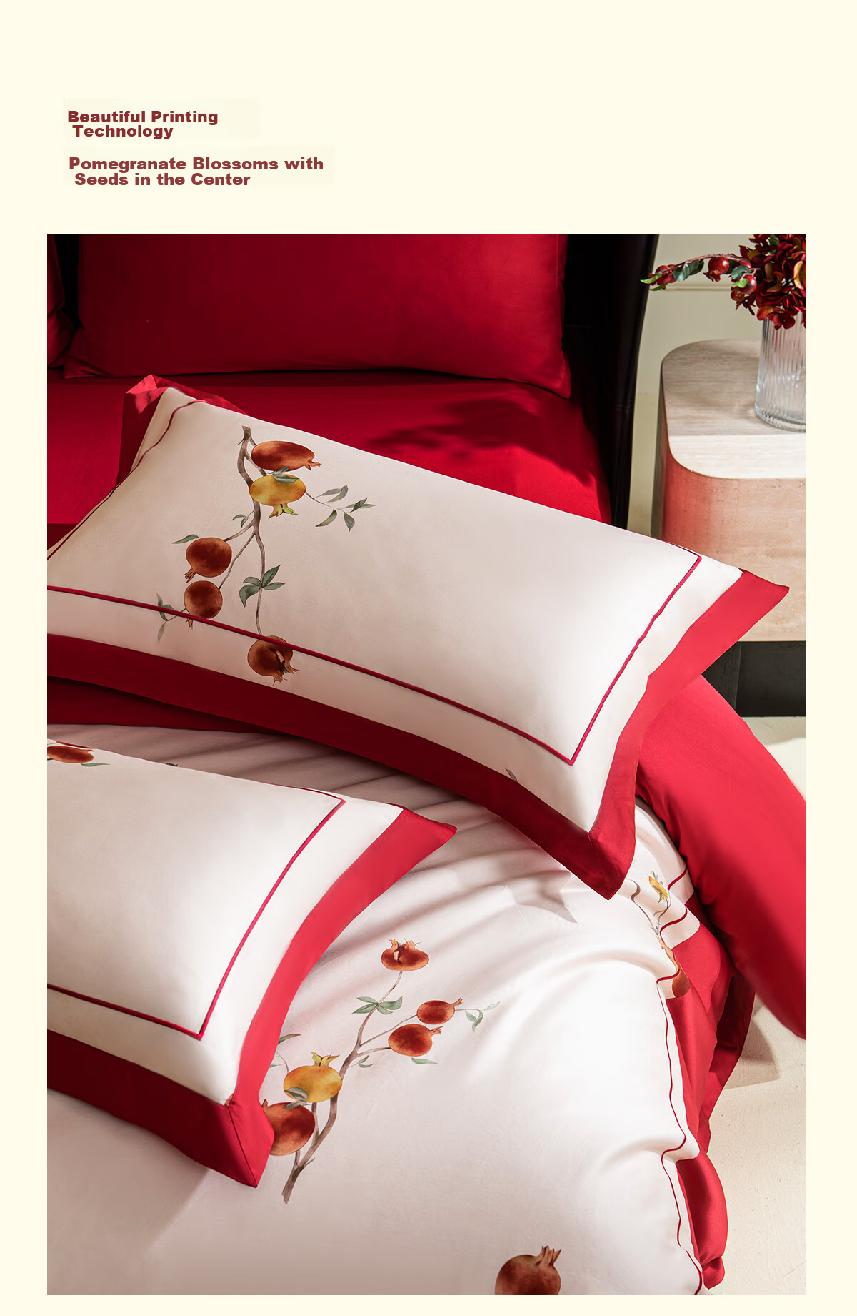 MIDO HOUSE Mingdu 100% Cotton Wedding Bedding Set, Pure Cotton Red Bed Sheet And Duvet Cover, 200X230cm, Pomegranate Flower Patter 4