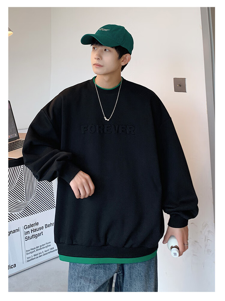 Dingfengbaoluo American Retro Crew Neck Sweatshirt for Men, Spring Trendy Steel-Printed Long-Sleeve Top DFL07 White XL 16