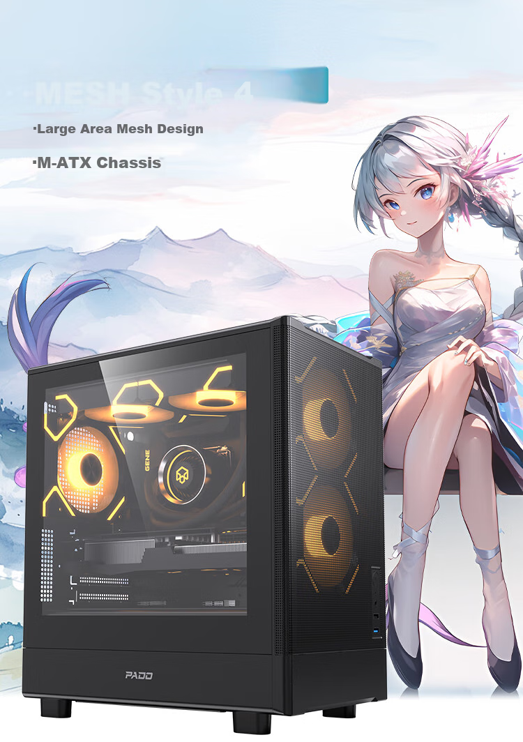 PADO Stylish 4 Black Desktop Computer Case with Glass Side Panel And Mesh Ventilation, Supports M-ATX Motherboard, Top 240mm Water Cooling 1