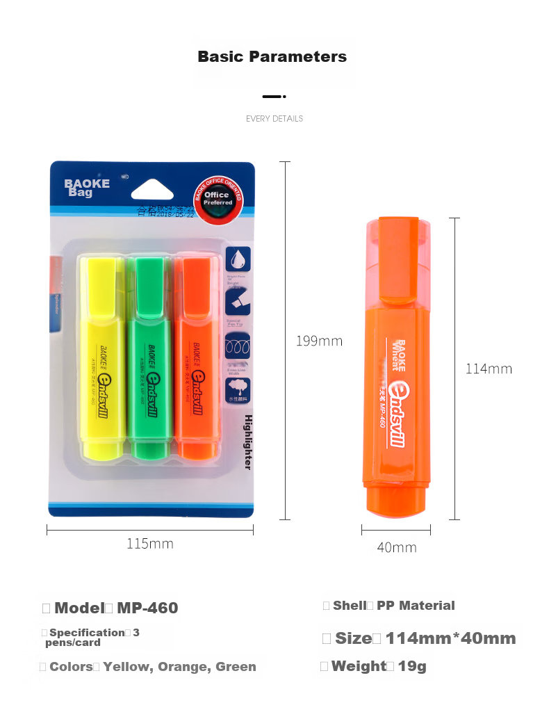 BAOKE [Best-Selling Product], 3MP460, 3-Color Highlighters, Marking Pens, Water-Based Markers, Random Colors, 1 Card/3 Pens 3