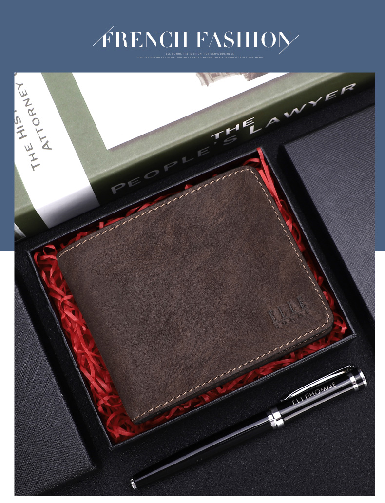 ELLE HOMME Men's Short Wallet, Top-Grain Leather Multifunctional Billfold, Two-Fold Money Clip 3920, Birthday Gift for Me 1