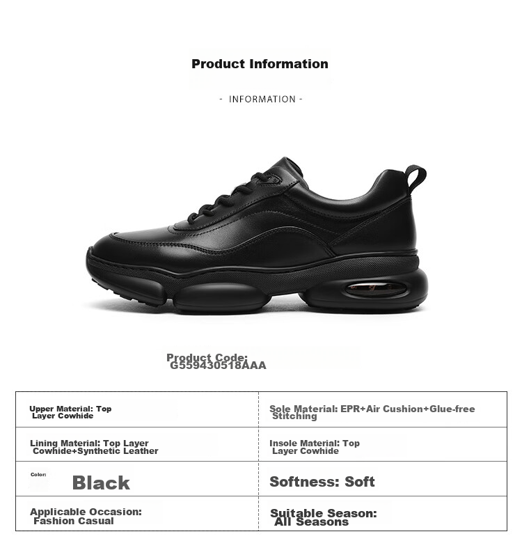 Goldlion Men's Shoes, Thick-Soled Casual Shoes, Soft And Durable Outdoor Trendy Versatile Sneakers, G559430518AAA, Black, Size 41 12