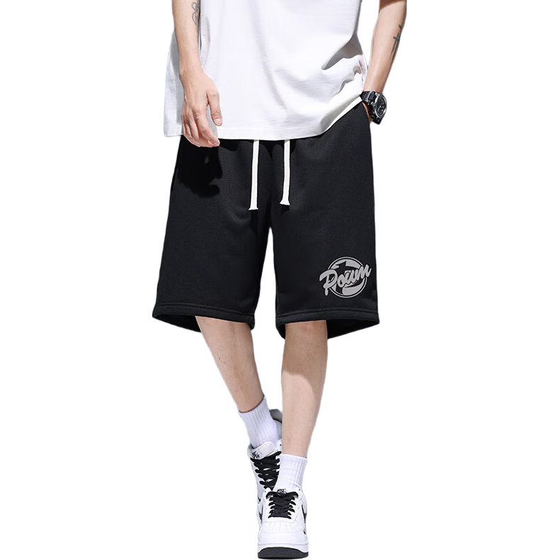 POUM American-Style Casual Ice Silk Shorts for Men, Summer Loose-Fit Sports Trendy Outdoor Wear, Knee-Length Shorts, TQ04 Black, 3XL