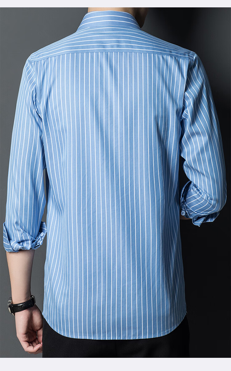 Aidengbao Edenbo Men's Long-Sleeve Shirt, Turn-Down Collar, Striped, Wrinkle-Free, Business Formal Wear, Blue Upgraded Version, Size 44 9