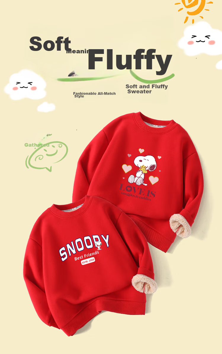 SNOOPY Children's Clothing Fleece-Lined Thick Warm Sweatshirt Red New Year Outfit Winter Happy Dog Big Red 5