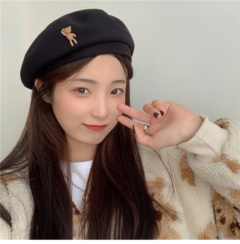 XUEXIMAN Japanese Vintage Cartoon Bear Brown Wool Beret Women's Fashionable Elegant Painter Hat 7