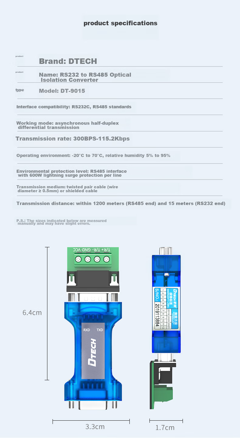 DTECH Passive RS232 to RS485 Converter, Optical Isolation Type, with Indicator Light, Industrial Grade, 9-Pin Serial Bidirectional Communication Protocol, Lightning Protection Converter, DT-9015 15