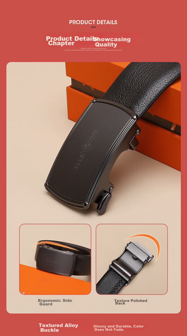 ELLE HOMME Men's Belt, Business Fashion Automatic Buckle Waistband, Top-Grain Leather Trouser Belt for Men, Birthday Gift for Boyfriend 4