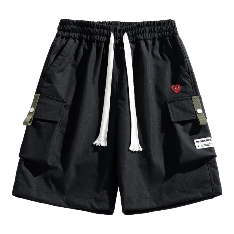Chaersitaoxin Men's Cargo Shorts, Summer Lightweight, Heart Embroidery, Beach Loose Breathable Five-Point Pants, Black, 2XL