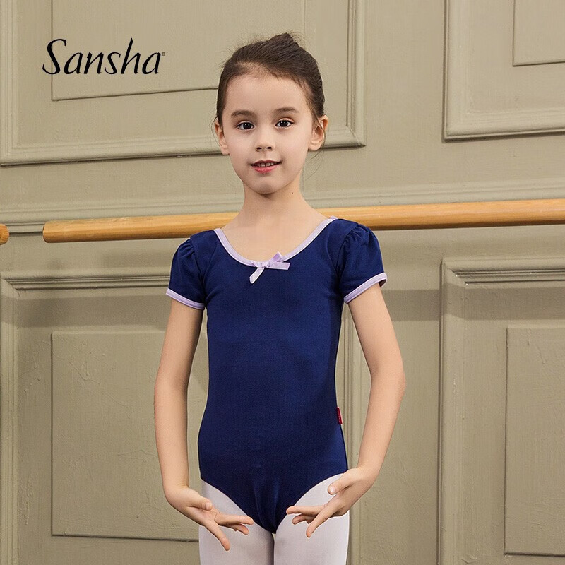 Sansha Children's Practice Leotard Short-Sleeve Ballet Dance Bodysuit with Bow Tie Performance Costume for Girls Y1613 Navy Blue XXL