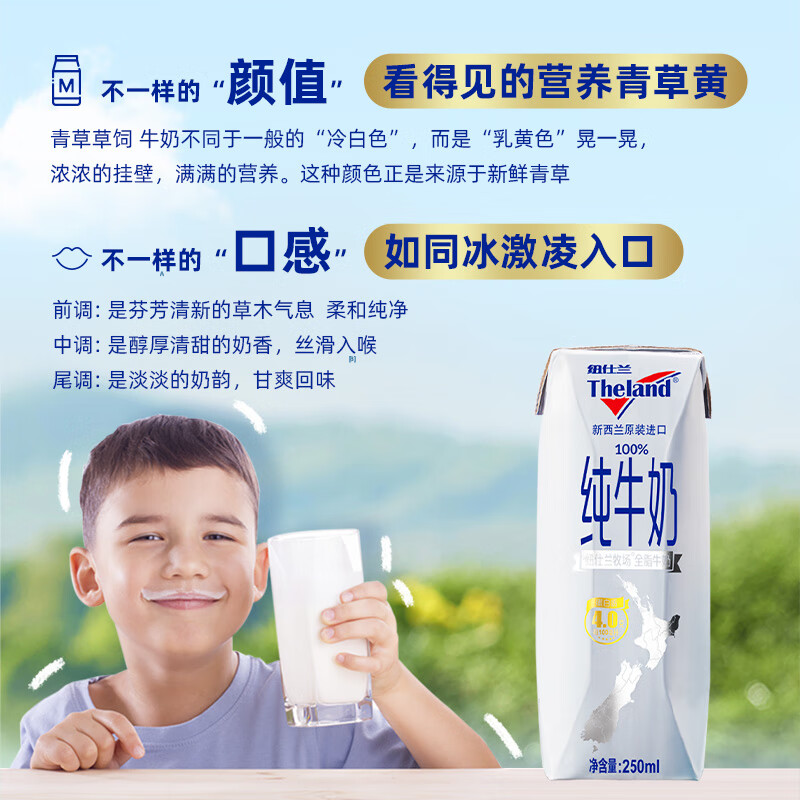 纽仕兰×PLUS4.0g优质蛋白高钙全脂纯牛奶100%生牛乳250ml*24盒原装进口