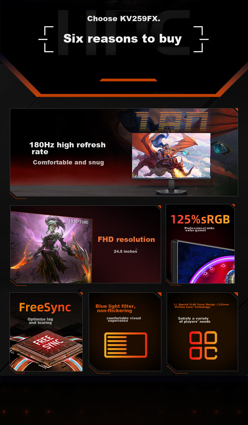 KVL 24.5-Inch 180Hz High Refresh Rate Gaming Monitor, 300 Nits Brightness, 1ms Response Time, Triple Micro-Edge Gaming And Office Display Screen KV259FX 2