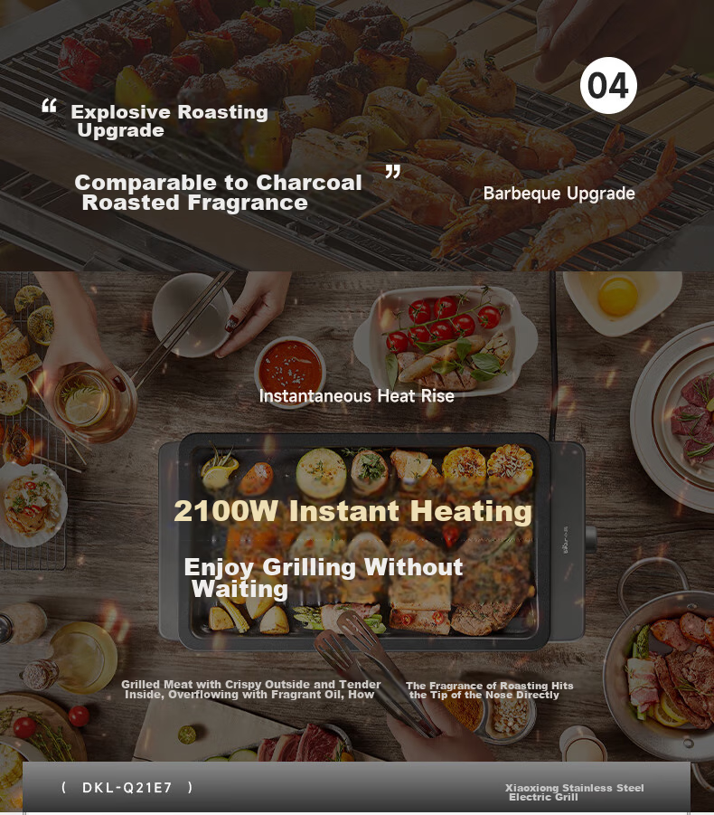 Bear Electric Grill, Home Barbecue Grill, Meat Roasting Pan, Electric Griddle, All-In Grill for Skewers And Meat, Low Smoke Emission, Fully Detachable, Suitable for 5-7 People, Q21N1 11