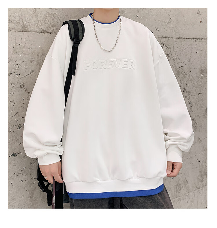 Dingfengbaoluo American Retro Crew Neck Sweatshirt for Men, Spring Trendy Steel-Printed Long-Sleeve Top DFL07 White XL 10