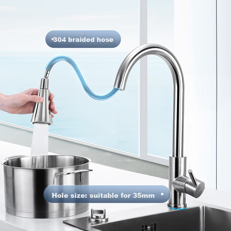 HIGOLD Kitchen Stainless Steel Pull-Out Faucet, Sink Hot And Cold Faucet with Automatic Retraction, Classic Brushed Finish