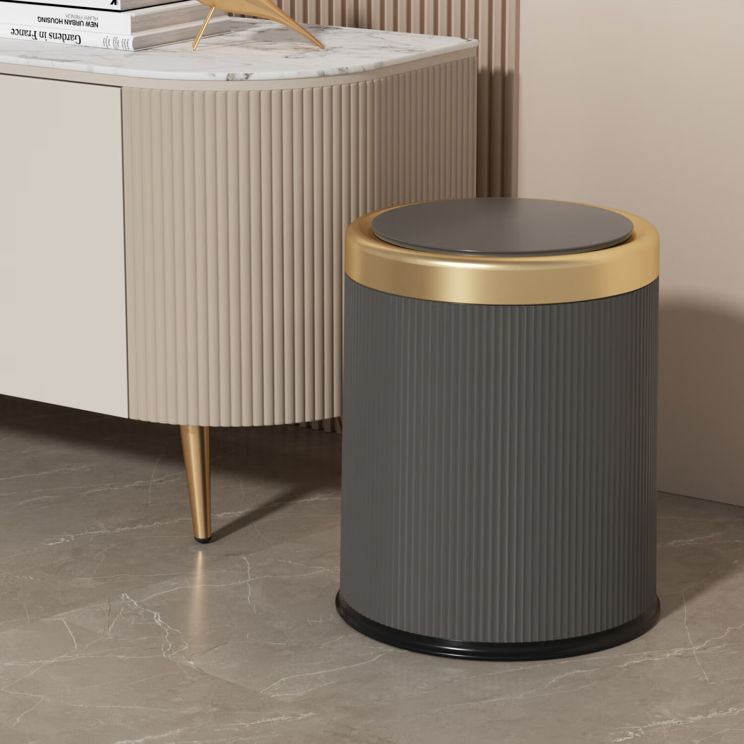 Feidasanhe Lidded Trash Can, 12L, Gray, Push-Button, Luxury High-End, Large Size, for Home Living Room Bedroom Kitchen Office Bathroom