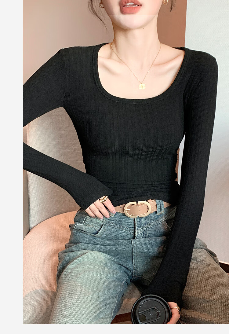 Moonbadi Women's Summer Thin Underwear, Retro Large U-Neck Slim-Fit Base Layer, Suitable for Inner Wear Or Outer Wear, Long Sleeve 16