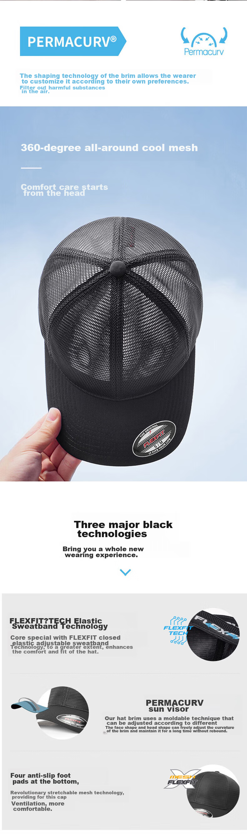 FLEXFIT Mesh Baseball Cap for Men, Summer Sun Protection Visor Cap, Breathable Duck Tongue Cap, Fully Enclosed Elastic Hat 8