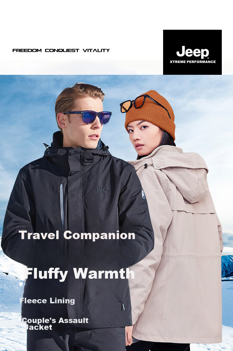 Jeep Outdoor Jacket for Men And Women, Three-In Fleece Windproof Waterproof Couple's Coat with Detachable Layers, Cold-Resistant Mountaineering Suit, 2XL 2