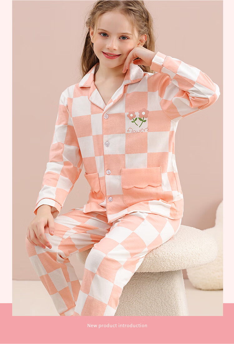Nanjiren Children's Pajamas for Girls, Pure Cotton Sleepwear, Spring And Summer Home Wear Set for Little Girls, Pink Floral Pattern, Size 130 12