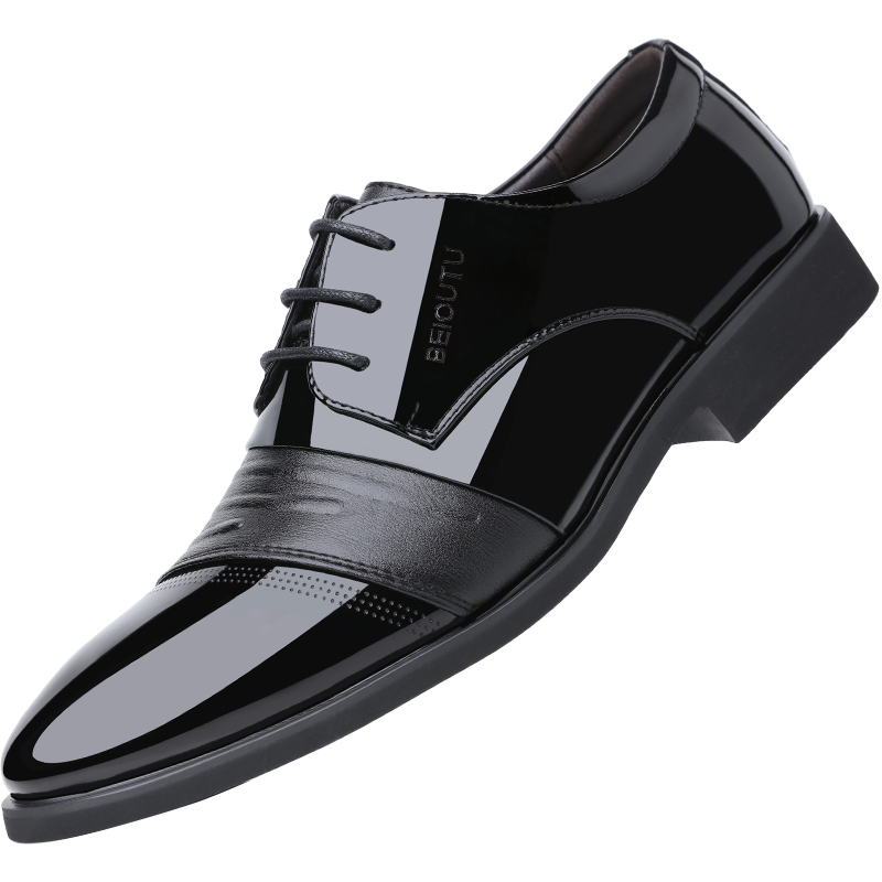 BEIOUTU Men's Leather Shoes, Business Formal Shoes, British Style Low-Top Lace-Up Shiny Leather Wedding Shoes, 2813 Black, Size 38