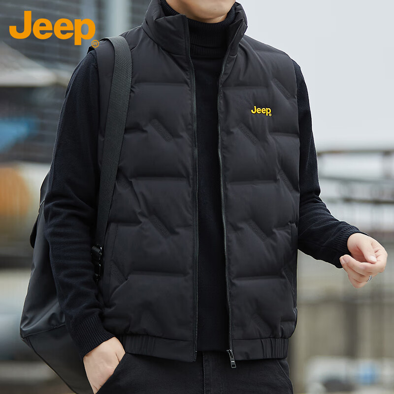 JEEP down Vest for Men, Winter Thickened Warm Jacket, Casual Waistcoat Clothing for Men, Black, M