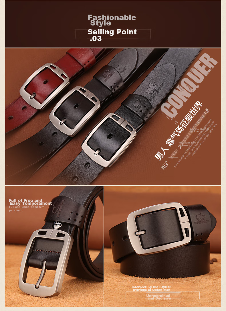 American Bison Men's Genuine Leather Belt Casual Vintage Cowhide Pin Buckle Waistband Birthday Gift for Boyfriend 11
