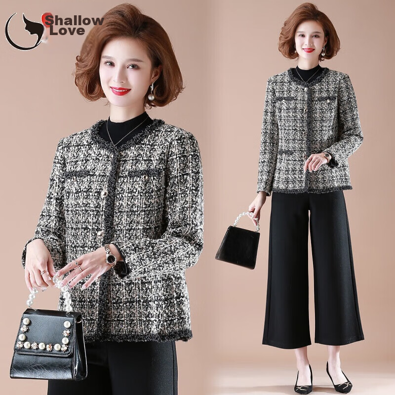 QianLian Mom's Spring Short Jacket, Middle-Aged Women's Chanel-Style Long-Sleeve Top, Middle-Aged And Elderly Spring And Autumn Casual Low-Heel Blazer