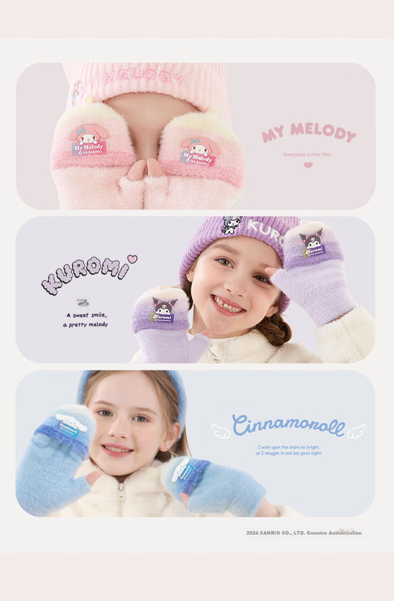 Hello Kitty Children's Winter Warm Knitted Half-Finger Gloves Cute Girls Big Kids Writing 3121D Melody Pink 3