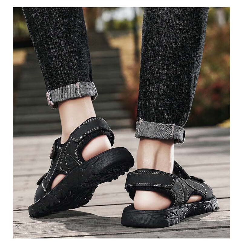 PLAYBOY Men's Sandals, Summer 2025 Breathable Beach Shoes, Korean-Style Perforated Shoes with Velcro Slippers, Black, Size 40 13