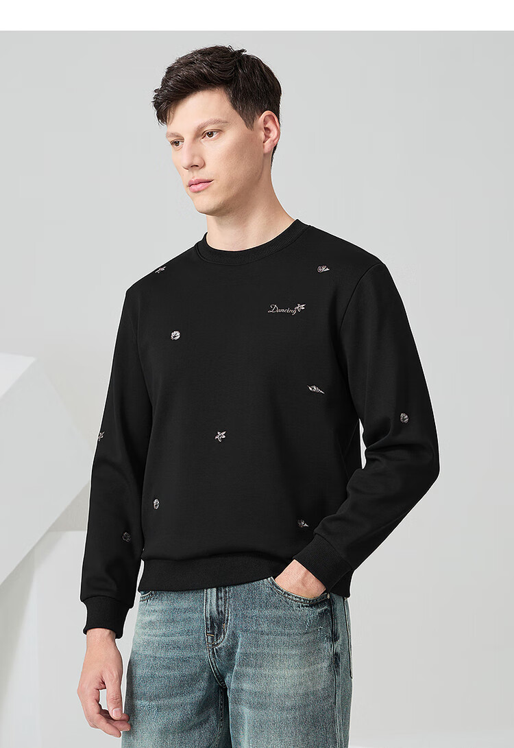 Dancing with Wolves [Fleece Lined Warmth] Autumn Winter Embroidered Round Neck Thickened Men's Sweatshirt 001 Black 175 11