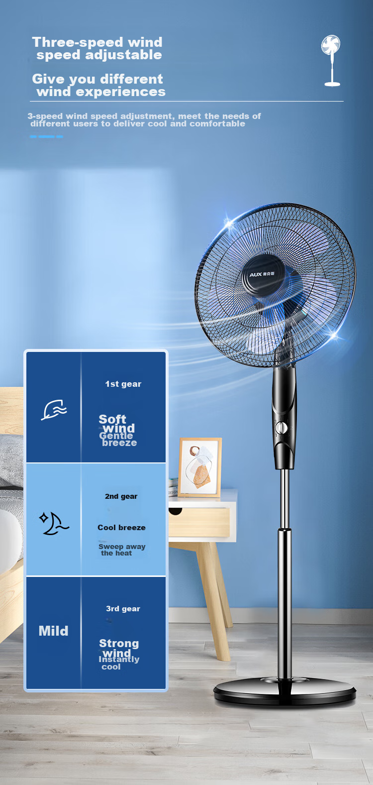 AUX Electric Fan / Mechanical Pedestal Fan / Home Fan / Air Circulation / Seven-Blade Fan / High Airflow Fan FS1619 (Timer with Extended Cord) 7