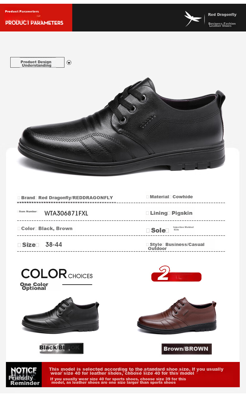 RED DRAGONFLY Men's Shoes, Flat Leather Casual Shoes, Round Toe Business Formal Dress Shoes for Men, WTA306872, Brown, Size 44 3
