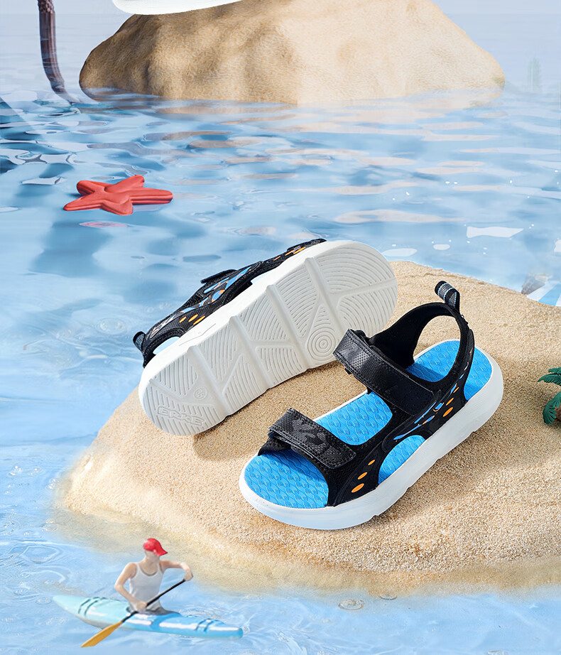 ERKE Children's Sandals for Boys, Kids' Double-Layer Velcro Open-Toe Outdoor Sandals, Micro-Crystal White/true Black/pioneer Green, Size 35 4