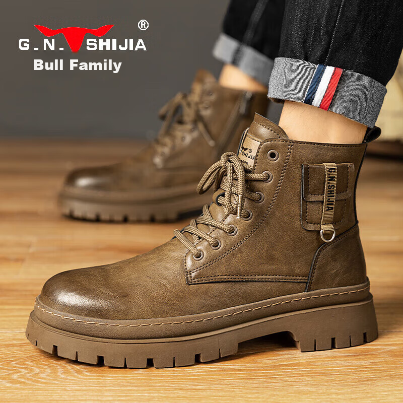 Bull Family Martin Boots Men's Genuine Leather 2026 Autumn Winter New British Retro Thick Sole Height Increasing Work Boots Brown 41
