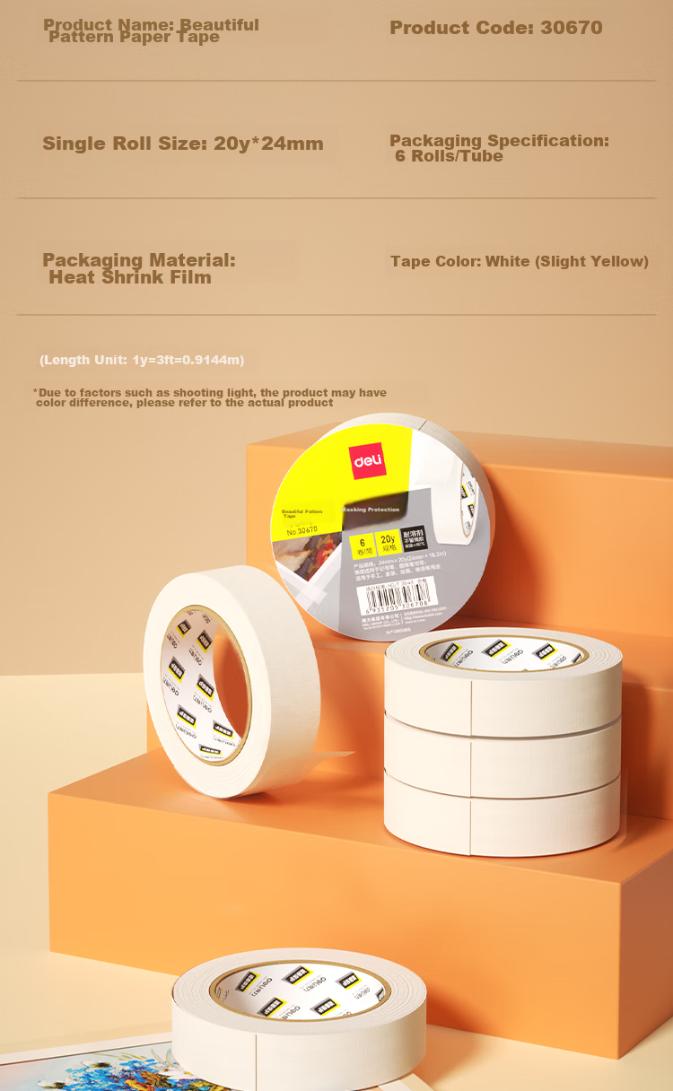 Deli Masking Tape, Art And Craft Color Separation, Renovation Masking Tape, Paint Protection Sticker, Seamless DIY, Study Supplies, 24mm*20y, 6 Rolls, 30670 11