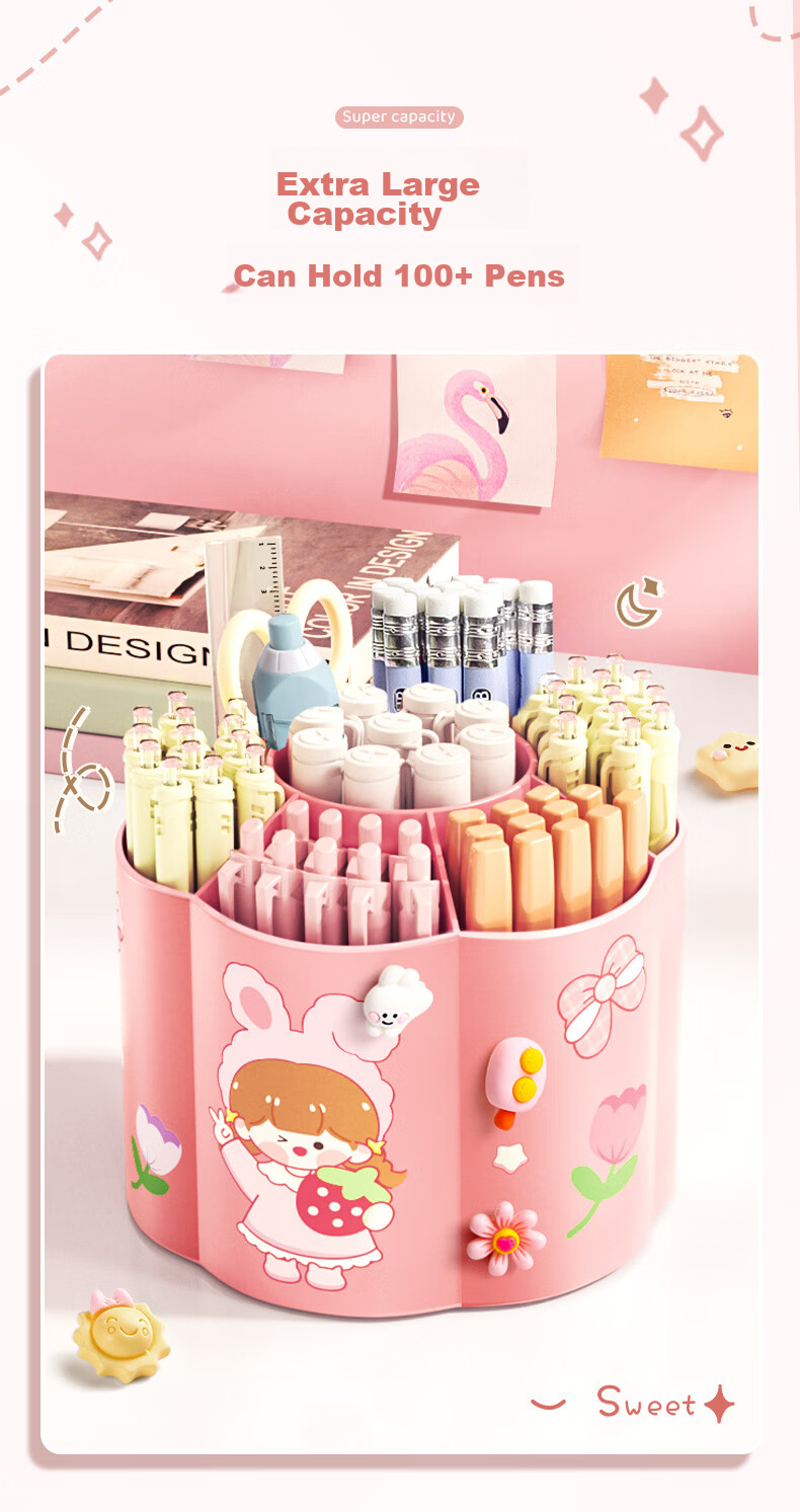 Jinzhi Pink 360-Degree Rotating Pen Holder, Large Capacity Storage Box, Essential for Students And Children Back to School, Cute Multifunctional Pen Organizer, Office Desk Decoration, Storage Container for Cosmetics 4
