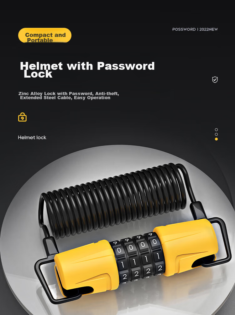 Move Iron Bicycle Lock, Password Lock, Portable Helmet Four-Digit Combination Lock, Electric Bike Motorcycle Luggage Steel Wire Cable Lock, Cycling Equipment Accessories 1