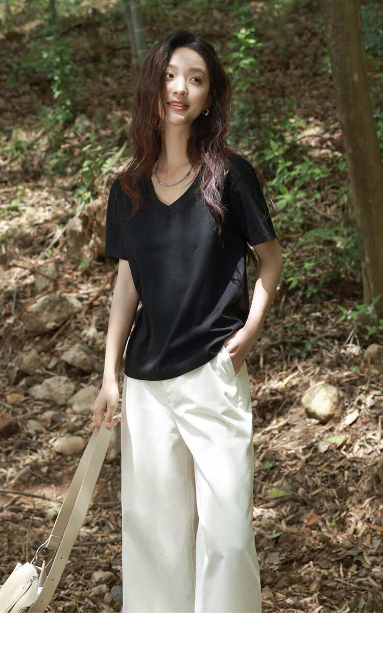 DME Basic V-Neck T-Shirt, Collarbone-Revealing, Slim Fit, Structured Design, Versatile Short Sleeve Top for Women, Black, M 14