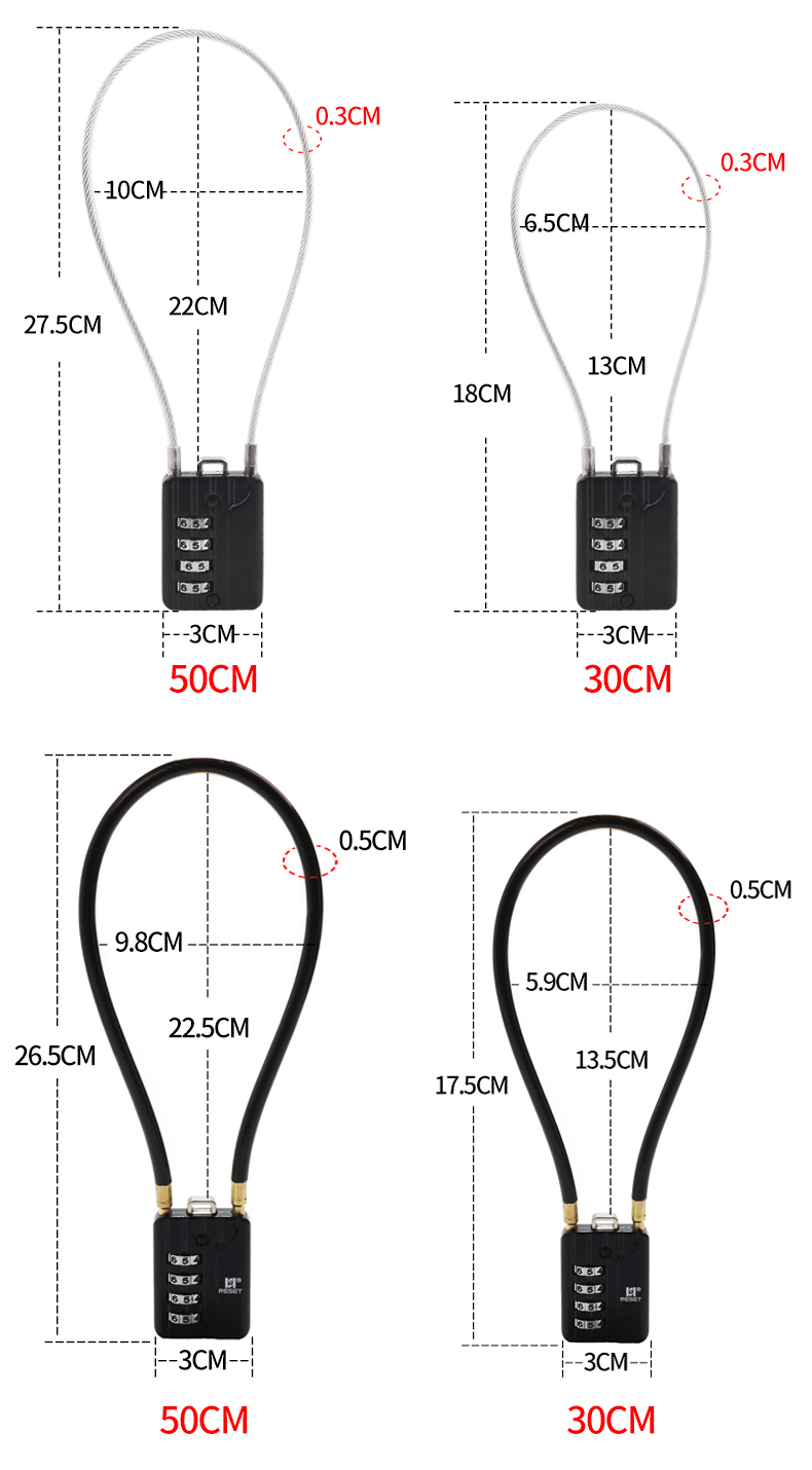 RESET Small Combination Padlock Helmet Steel Cable Lock Luggage Lock Backpack Schoolbag Trolley Case Password Lock Gray 10cm 10
