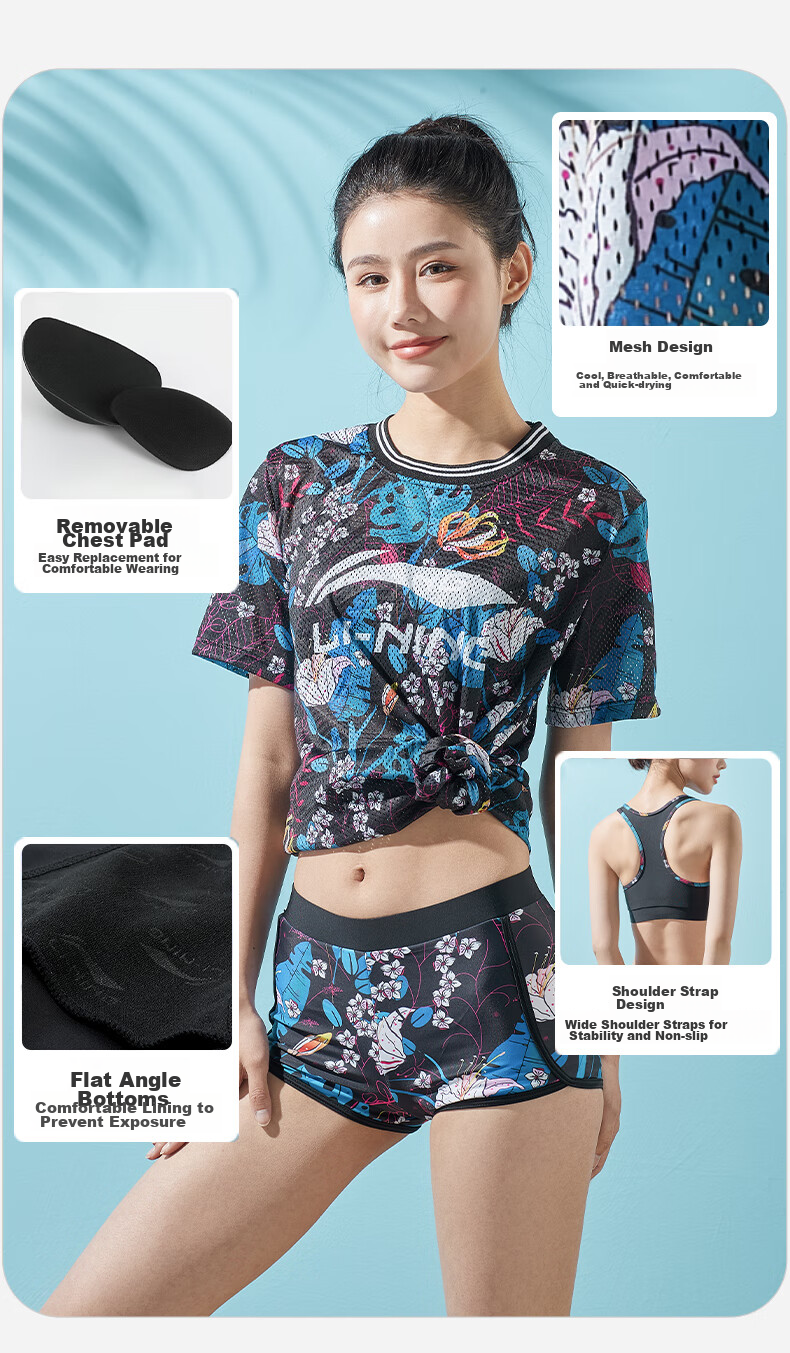 Li-Ning Women's Three-Piece Swimsuit Set, Beach Vacation Sun Protection Cover-Up, Tummy Control Slimming Swimwear for Hot Springs, 727 Black And Blue, Size M 7