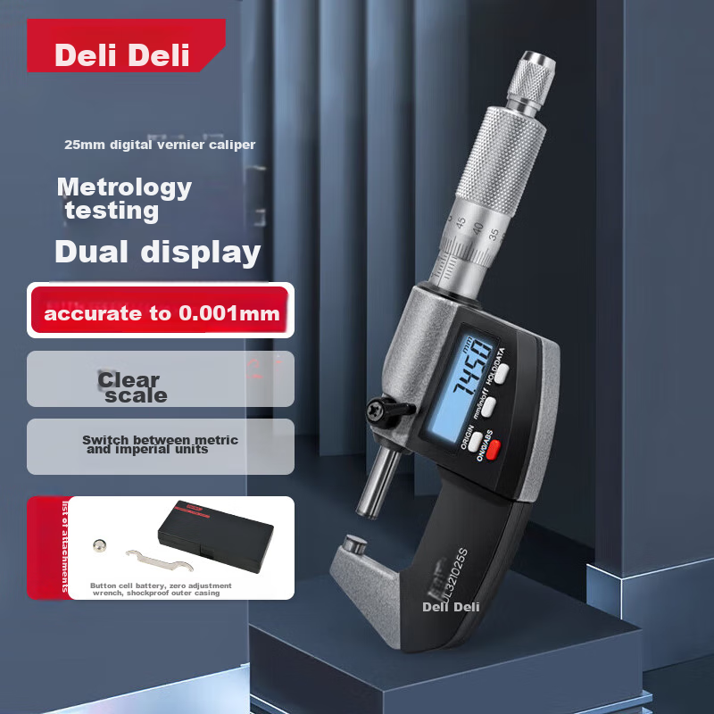 Deli Digital Dial Caliper, Dual-Use Micrometer with External Diameter Gauge, 0.001mm High-Precision Thickness Gauge, Vernier Caliper